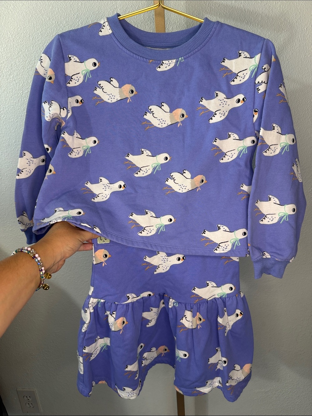 H&M- Girls Kids Purple Bird Print sweater/skirt set- size 6X/7